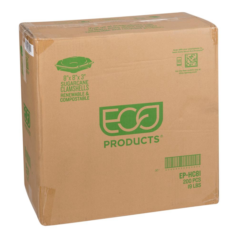 8 x 8 x 3 in Renewable and Compostable Sugarcane Clamshell Container