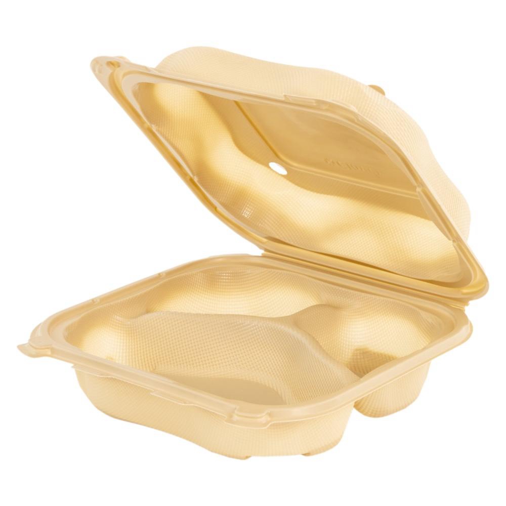 8.35 x 8.32 x 2.88 in Kraft Polypropylene 3 Compartment Hinged Container