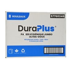 DuraPlus® UltraSoft Jumbo Bath Tissue, 2Ply, White, 8 Rolls/Case, Made in Canada