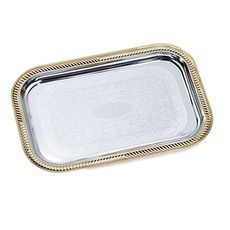 47266 Odyssey Chrome Plated Rectangular Serving Tray with Gold Trim, 19 1/2 x 14 inch