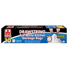 White Tear Resistant Drawstring Tall Kitchen Garbage Bag, 10 count