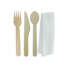 EcoSystems® Wrapped Wooden Cutlery Kit, Fork, Knife, Teaspoon and Napkin, Brown, 500/Case