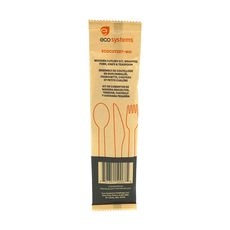 EcoSystems® Wrapped Wooden Cutlery Kit, Fork, Knife, Teaspoon, Brown, 500/Case