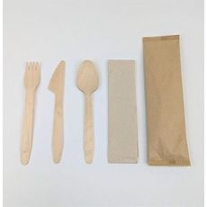 Natural Paper Wrapped Wooden Fork, Knife and Spoon Cutlery Kit with 2 Ply Napkin