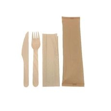 Natural Paper Wrapped Wooden Fork and Knife Cutlery Kit with 2 Ply Napkin