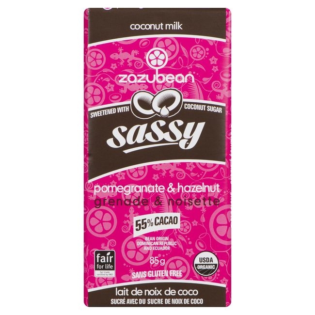 Sassy 55 Percent Cacao Pomegranate and Hazelnut Chocolate Bar