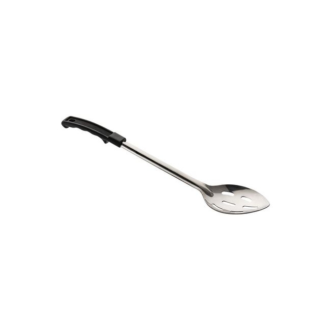Conventional Stainless Steel Slotted Serving Spoon with Black Plastic Handle
