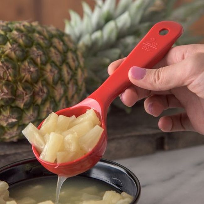 496205 Measure Miser Acetal Red Perforated Short Handle Portion Spoon, 2 oz Capacity
