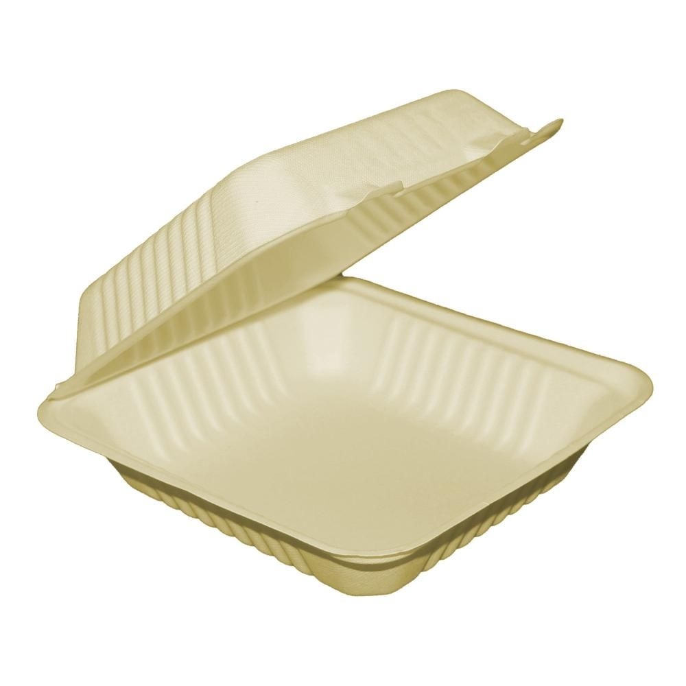 8 x 8 x 3 in Bagasse Compostable Hinged Container