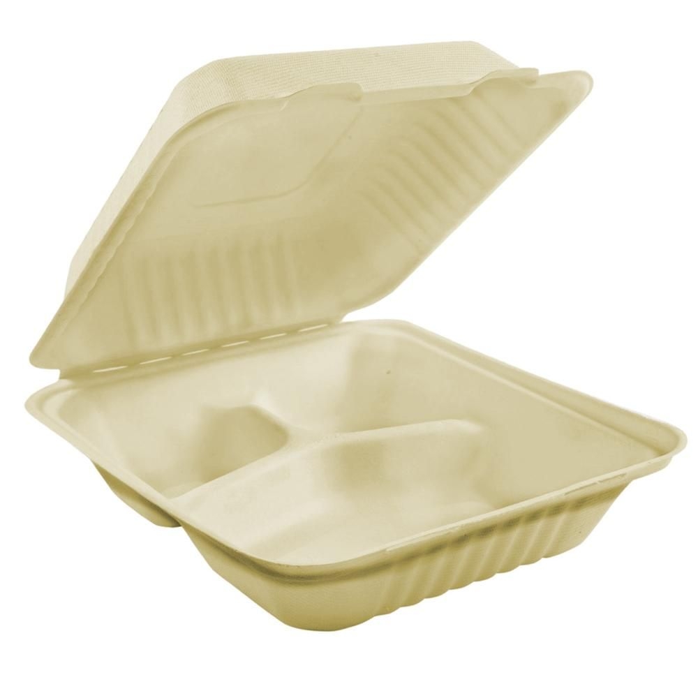 9 x 9 x 3 in Bagasse 3 Compartment Compostable Hinged Container