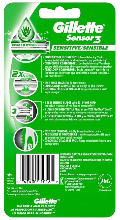 Gillette Sensor 3 Base Sensitive/sensible Disposable Razor, 8 Count -- 12 Per Case