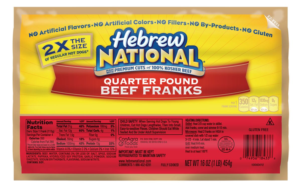 Hebrew National Dinner Beef Frank, 16 Ounce -- 12 Per Case