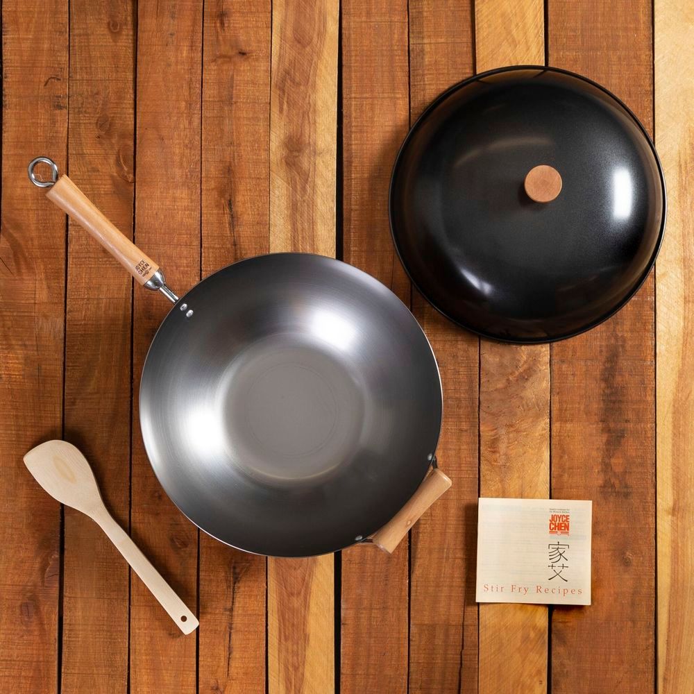 Joyce Chen Classic Series 14 Inch Uncoated Carbon Steel Flat Bottom Wok Set With Lid And Birch Handle, 4 Count