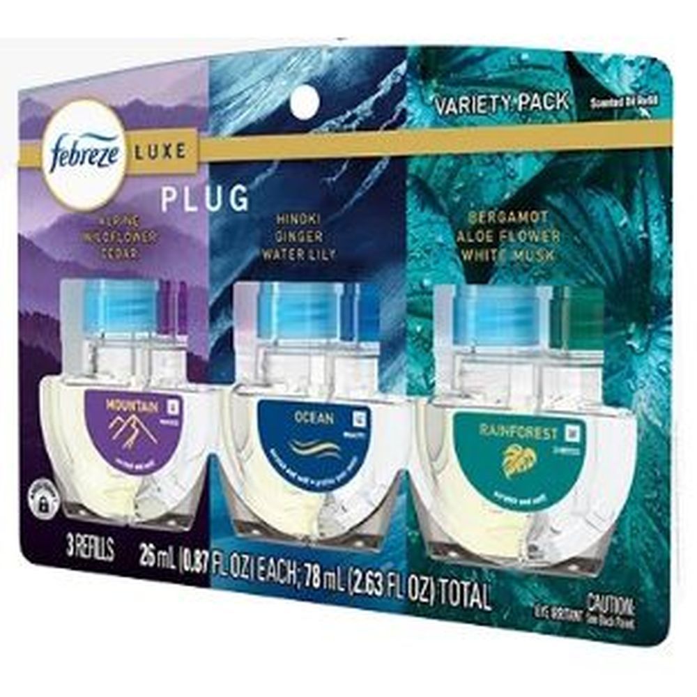 Febreze Plug Luxe Collection Energized Continuous Action 3 Refill Air Freshener - Variety Pack, 2.63 Fluid Ounce - 6 Per Case