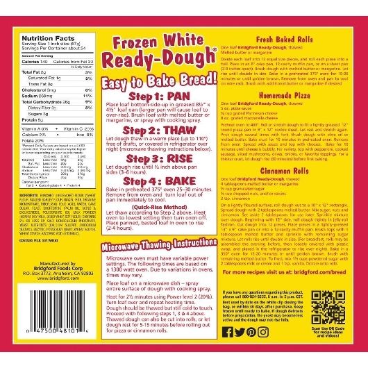 Bridgford Ready Dough Tray Pack White Bread Dough, 16 Ounce Loaf, 3 Count -- 12 Per Case