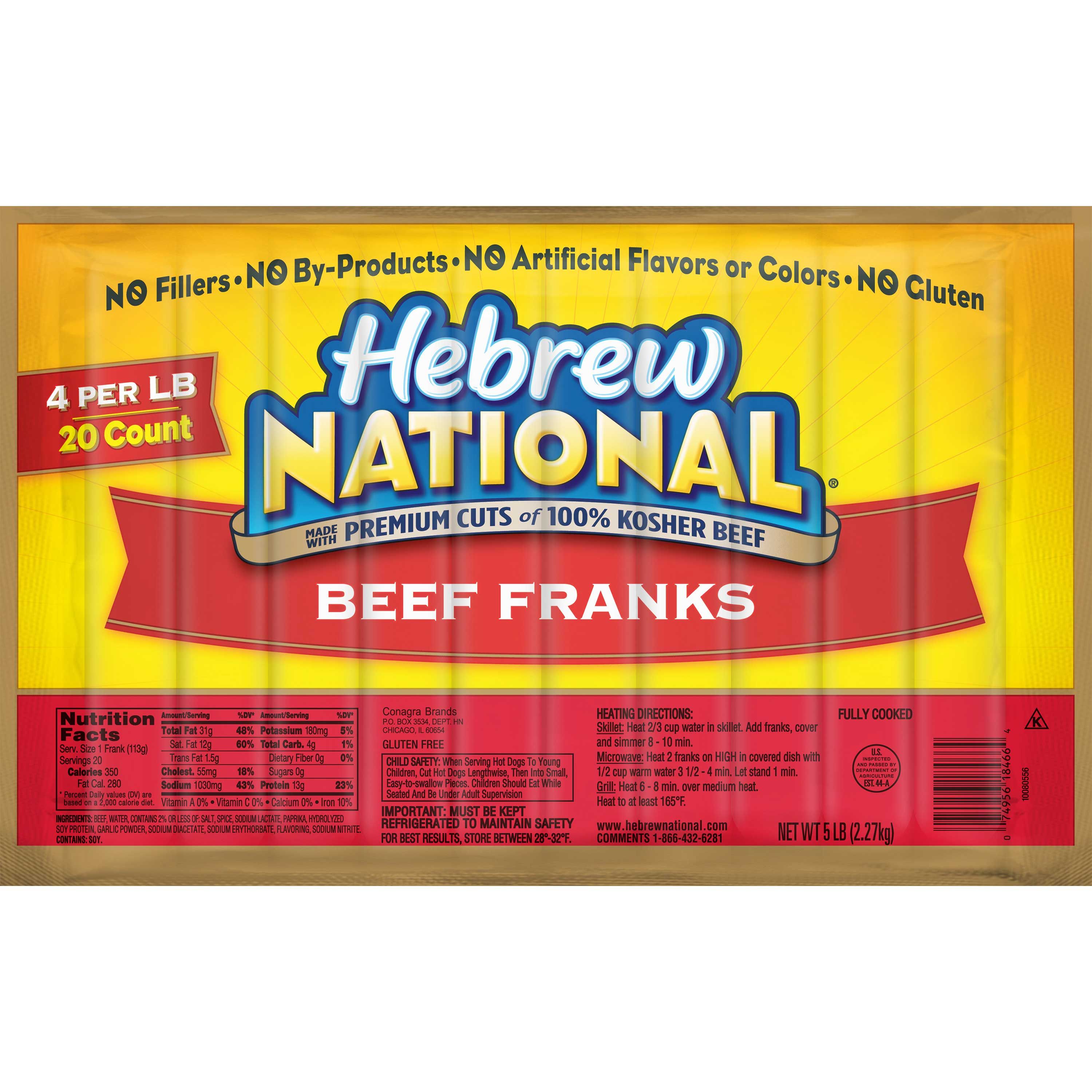Hebrew National Beef Frank, 5 Pound -- 4 Per Case