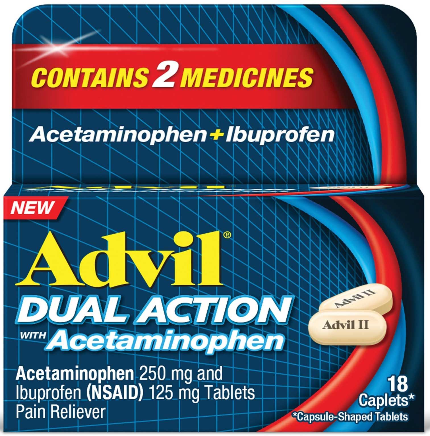 Advil Dual Action With Acetaminophen Caplet, 18 Count -- 72 Per Case