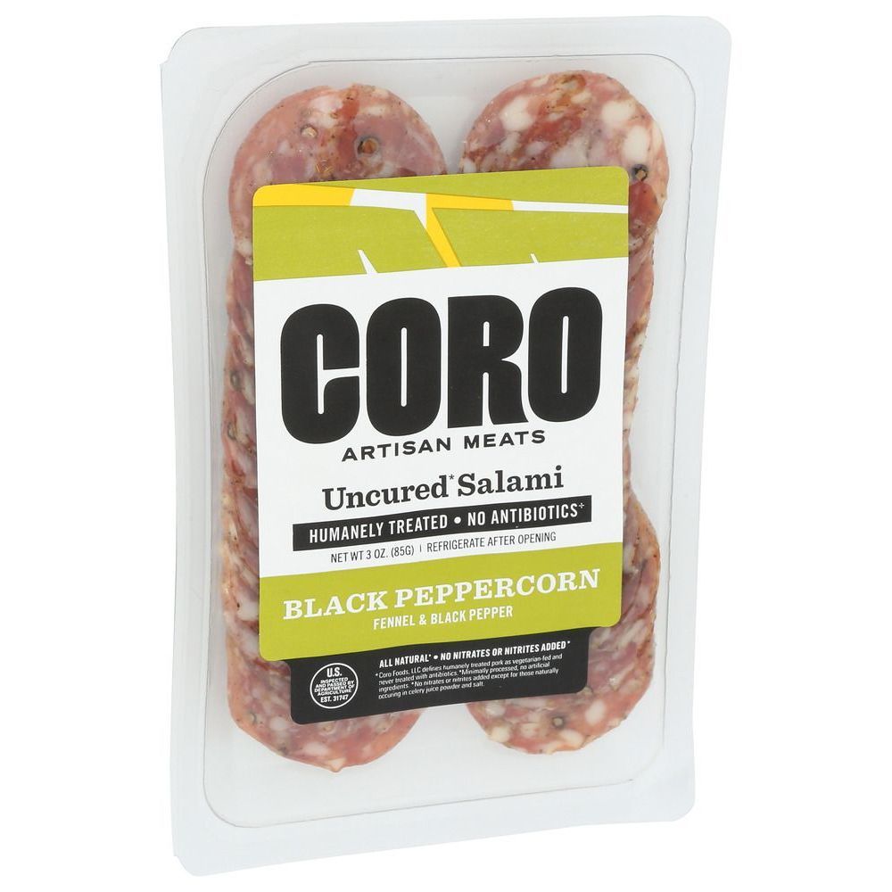 Coro Black Peppercorn Uncured Sliced Salami, 3 Ounce -- 12 Per Case