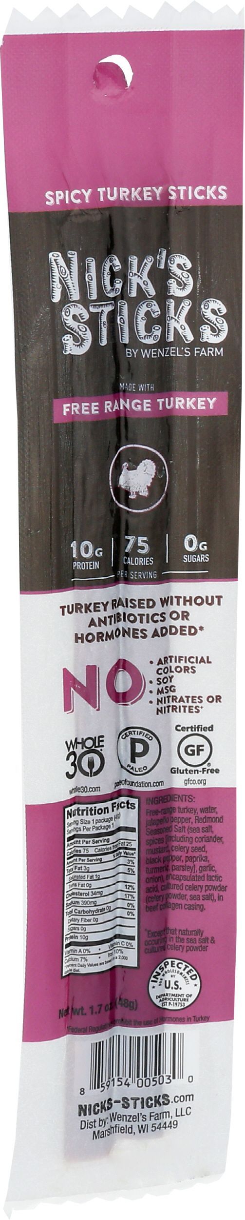 Nick's Sticks Free Range Spicy Turkey Snack Stick, 1.7 Ounce -- 25 Per Case