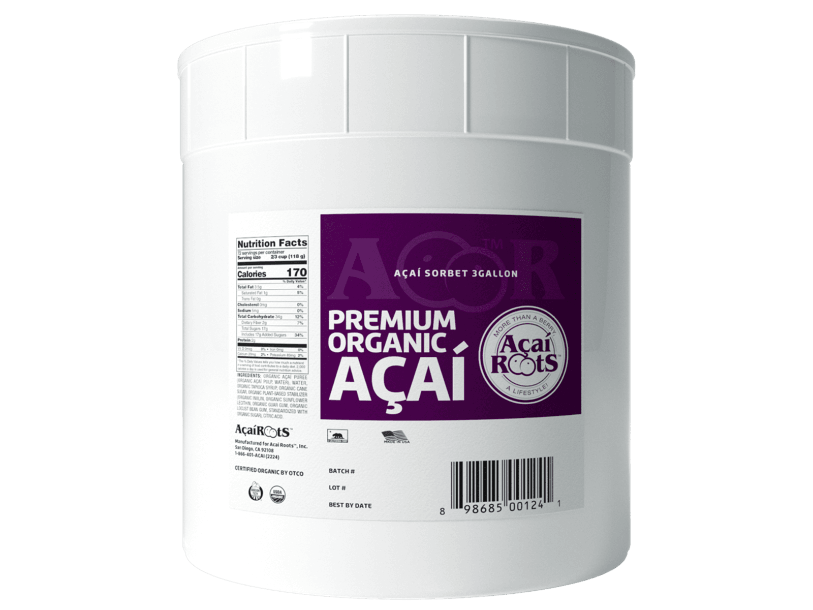 Acai Roots Organic Premium Acai Sorbet, 3 Gallon