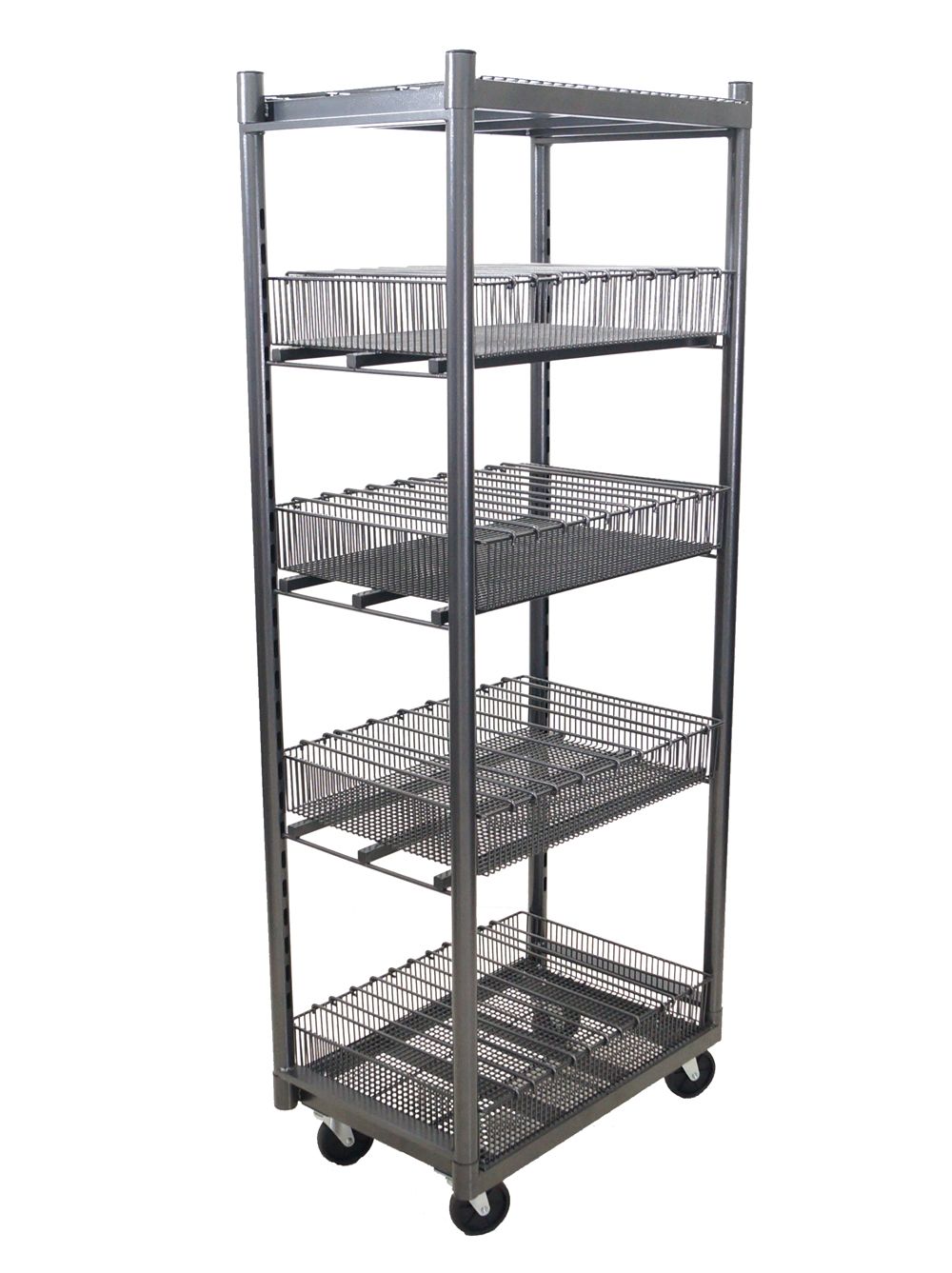 Mobile Merchandisers Silver Hammertone 4 Shelf Mobile Stocker Merchandiser With 3 Baskets