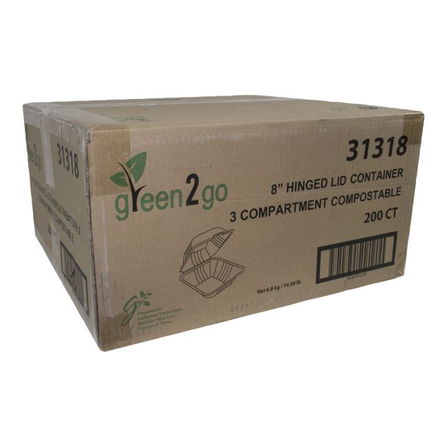 Galligreen Sugarcane Hinged-lid Container With 3 Compartment, 8 In -- 200 Per Case