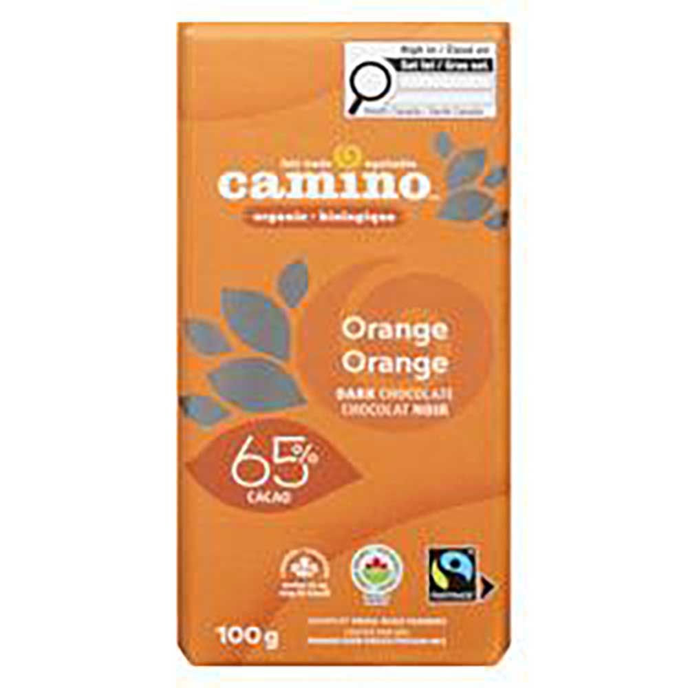 Camino Organic 65 Percent Cacao Orange Dark Chocolate Bar, 100 G -- 12 Per Case