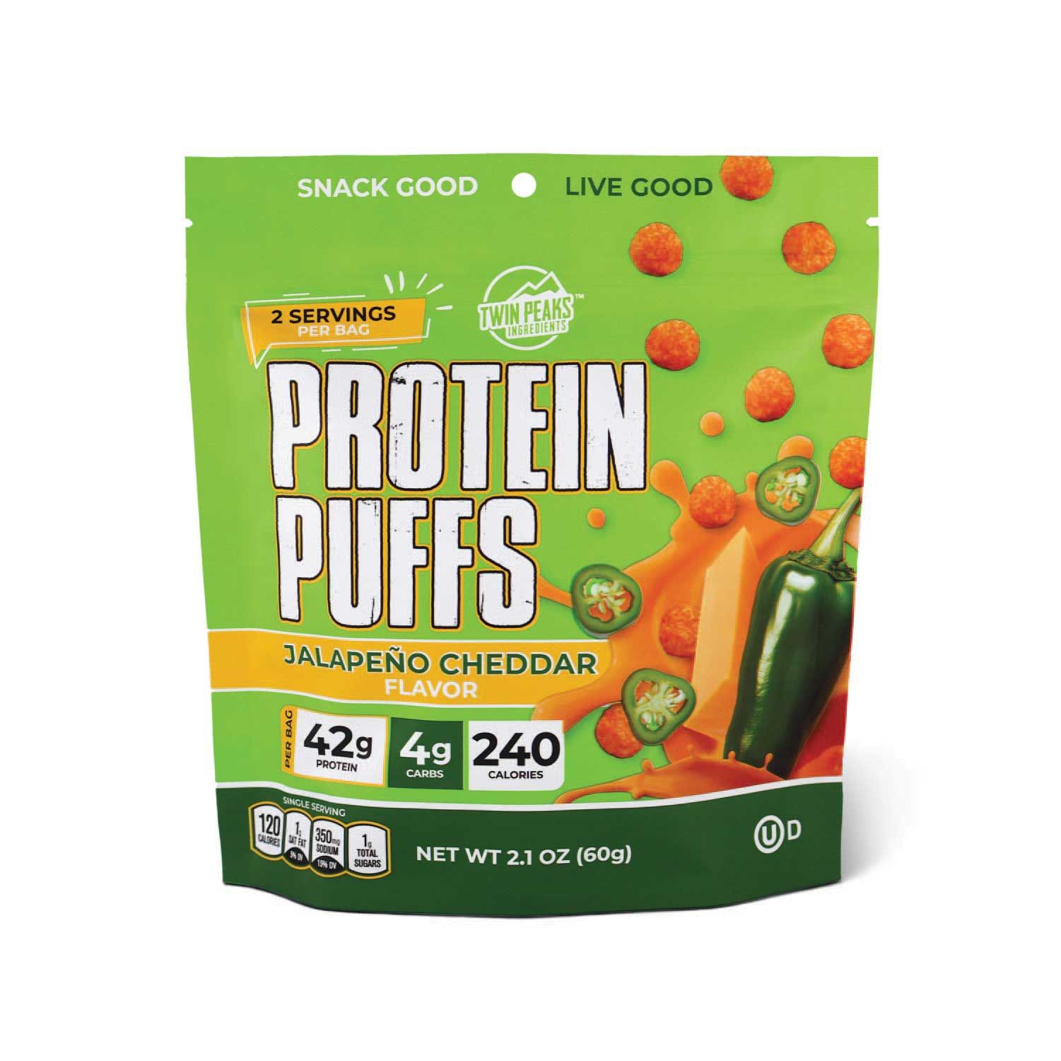 Twin Peaks Ingredients Jalapeno Cheddar Protein Puffs, 2.1 Ounce -- 12 Per Case