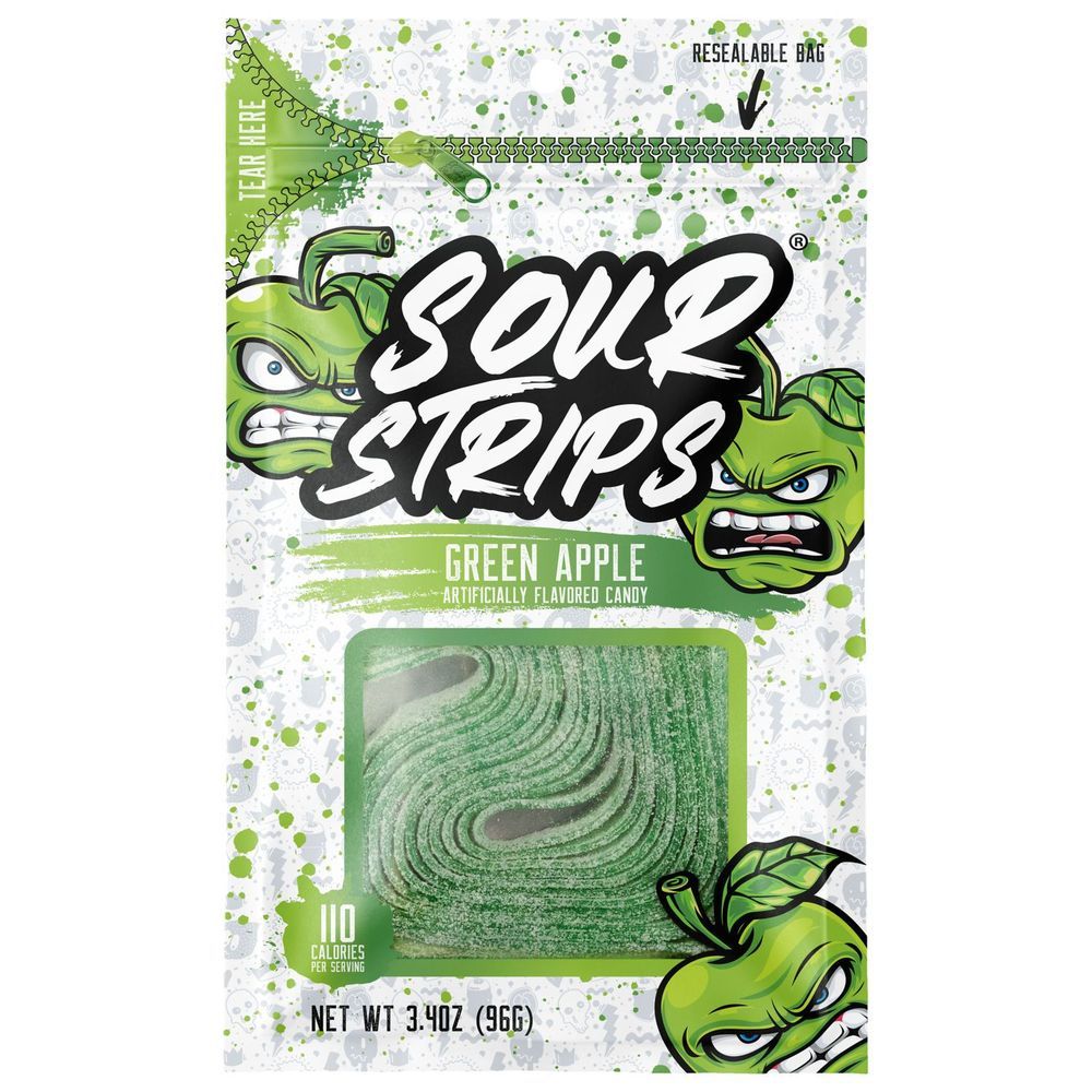 Sour Strips Green Apple Candies - Peg Bag, 3.4 Ounce -- 144 Per Case
