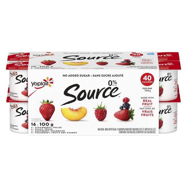 Yoplait Source 100 G De Yogourt Sans Gras À La Fraise, À La Pêche, Aux Bleuets, Aux Framboises Et Aux Fruits Des Champs Paquet Varié, 16 Unités -- 3 Par Boîte