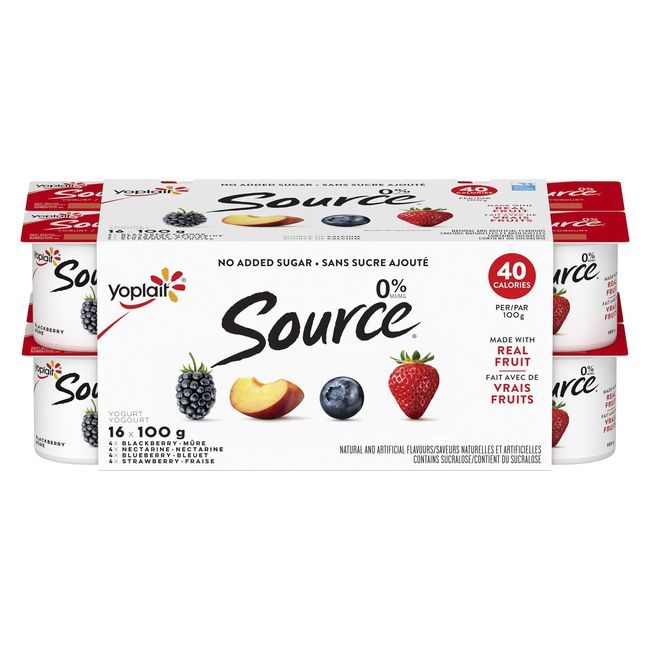Yoplait Source 100 G De Yogourt Sans Gras À La Fraise, À La Nectarine, À La Myrtille Et À La Mûre Paquet Varié, 16 Unités -- 3 Par Boîte