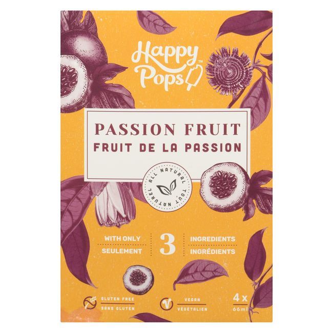 Happy Pops All Natural 66 Ml Passion Fruit Ice Pops, 4 Count -- 8 Per Case