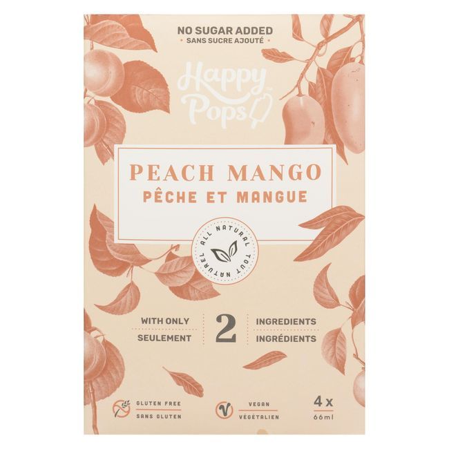 Happy Pops All Natural 66 Ml Peach Mango Ice Pops, 4 Count -- 8 Per Case