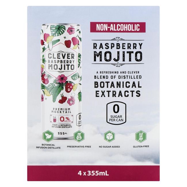 Clever Zero Sugar Raspberry Mojito Mocktails, 355 Ml -- 24 Per Case