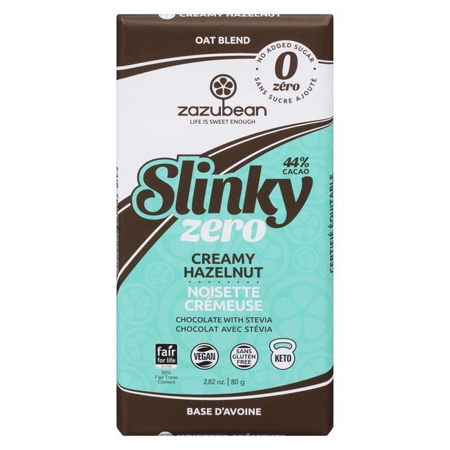 Zazubean Slinky Zero Sugar 44 Percent Cacao Creamy Hazelnut Chocolate Bar, 80 G -- 12 Per Case