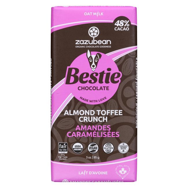 Zazubean Bestie 48 Percent Cacao Oat Milk Almond Toffee Chocolate Bar, 85 G -- 12 Per Case