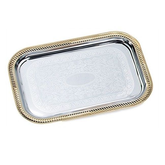 Vollrath 47266 Odyssey Chrome Plated Rectangular Serving Tray With Gold Trim, 19 1/2 X 14 In
