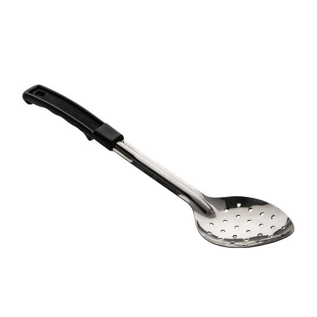 Browne Conventional Stainless Steel Perforated Serving Spoon With Black Plastic Handle, 15 In