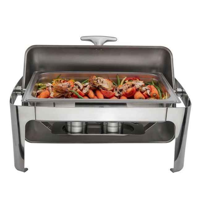 Browne Cadence Full Size Mirror Finish Rectangular Chafer With Roll Top Cover, 9 Qt Capacity