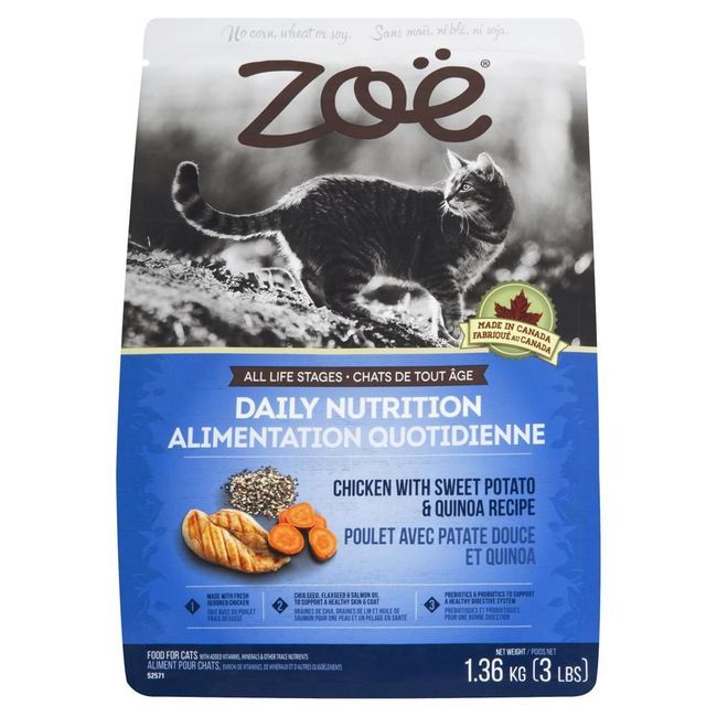 Zoe Nourriture Sèche Saine Pour Chats Adultes Au Poulet Et À La Patate Douce Et Au Quinoa, 1,3 Kg -- 5 Par Boîte