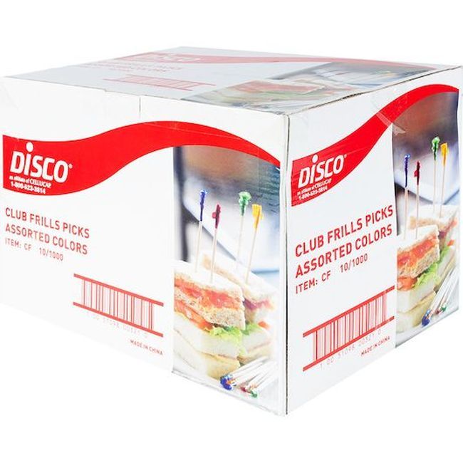 Disco 4 In Wooden Disposable Assorted Colors Club Frill Pick, 1000 Count -- 10 Per Case