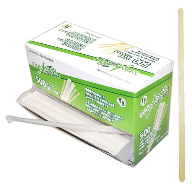 Table Accents Individually Wrapped Beverage Birch Wood Stirrers, 7 In -- 5000 Per Case