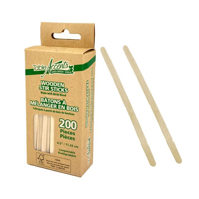 Table Accents Birch Wood Stir Sticks, 200 Count -- 24 Per Case