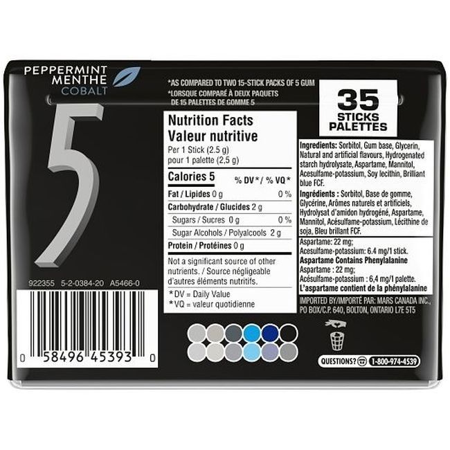 5 Gum Chewing-gum Sans Sucre À La Menthe Poivrée, 94,49 G -- 48 Par Boîte