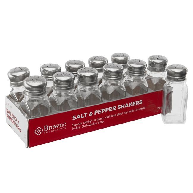 Browne 2 Oz Square Glass Salt And Pepper Shaker With Stainless Steel Top, Set Of 12