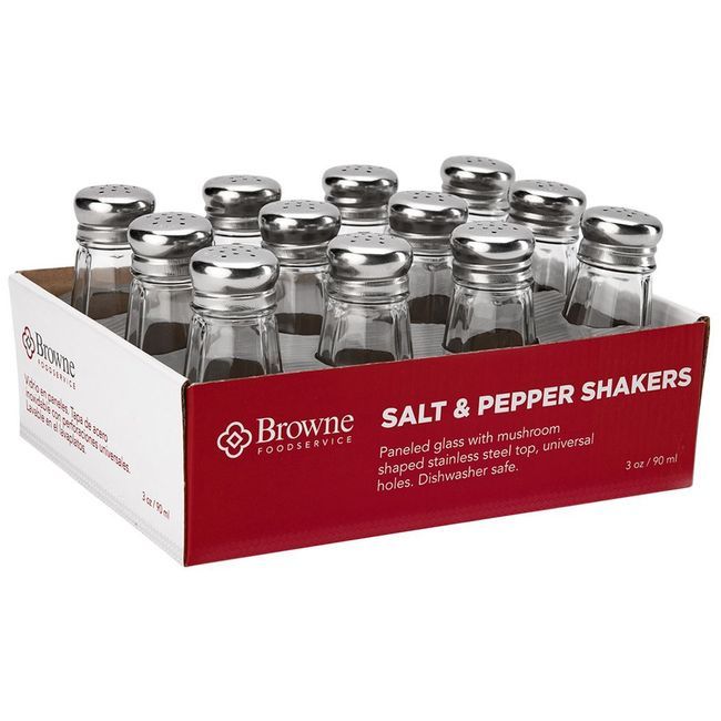 Browne 3 Oz Paneled Glass Salt And Pepper Shaker With Stainless Steel Top, Set Of 12