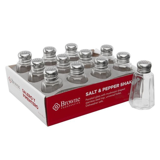 Browne 2 Oz Paneled Glass Salt And Pepper Shaker With Stainless Steel Top, Set Of 12