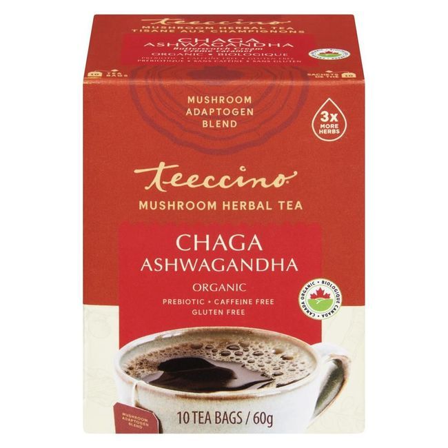 Teeccino Tisane Aux Champignons Chaga Ashwagandha, 10 Sachets De Thé -- 6 Par Boîte