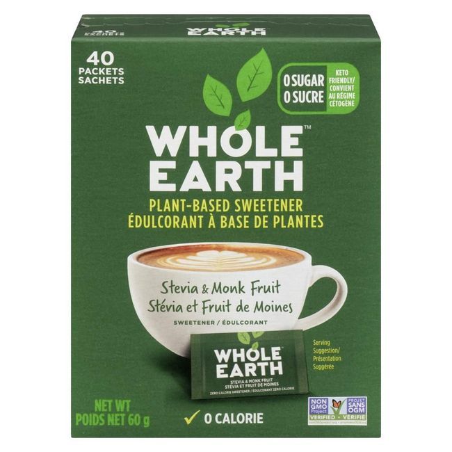 Whole Earth Sachets D'édulcorant Stevia Monk Fruit, 40 Unités -- 12 Par Boîte