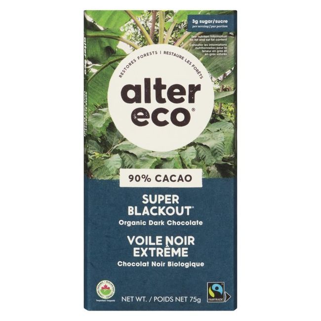 Alter Eco Organic Super Blackout 90 Percent Cacao Dark Chocolate Bar, 75 G -- 12 Per Case